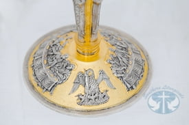 Hand Chiselled Chalice Last Supper on Base, Carved Angels on Node.