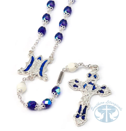 Annunciation Rosary, Silver & Blue Faceted Bohemian Glass