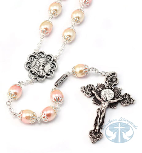 Mary's Motherly Love Blush and Silver Rosary- 8mm