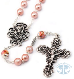 Mary's Motherly Love Collection Blush & Silver Rosary - 8mm antiqued pearl