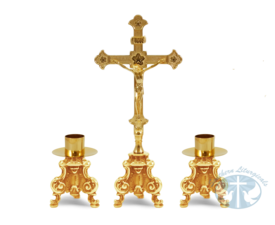 Metalware Rococo Altar Set Double Crucifix- 24k Gold Plated
