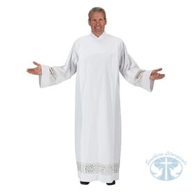 Clergy Items Alpha Omega Front Wrap Alb with Lace Insert
