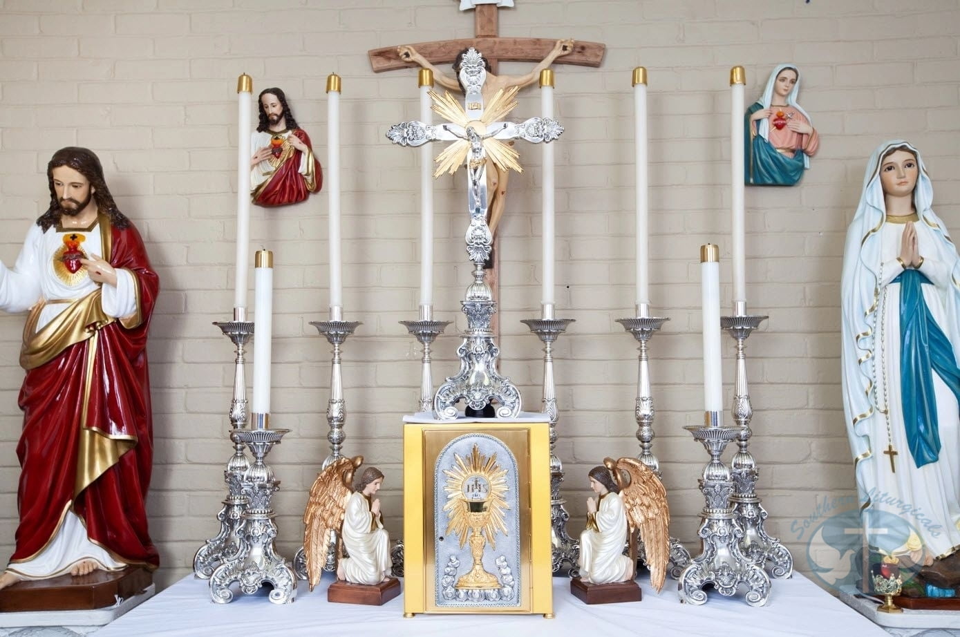 Candlesticks and Altar Crucifix - Silver Plated