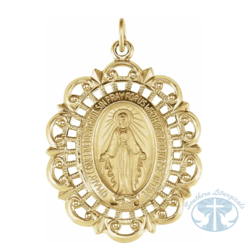 Oval Filigree Miraculous Medal Yellow Gold 32x23 mm