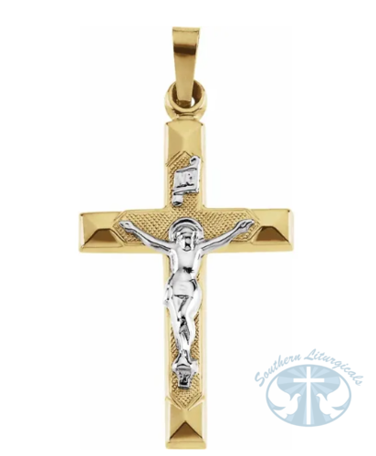 Hollow Crucifix Pendant 14K Yellow & White 25x17 mm