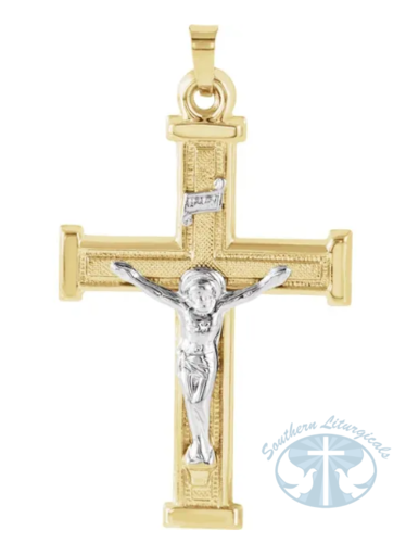 Hollow Crucifix Pendant 14K Yellow/White 32x23 mm