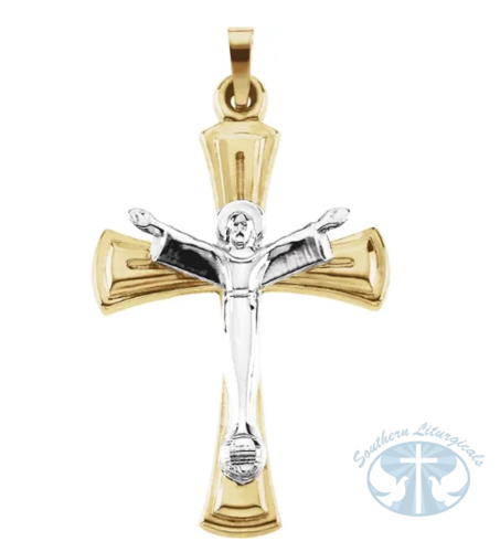 Hollow Crucifix Pendant 14K Yellow/White 32x23 mm