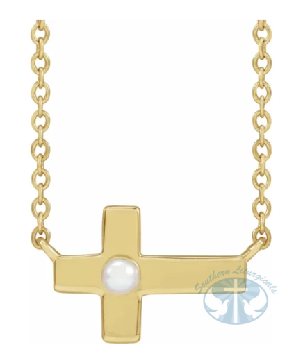 Cultured White Seed Pearl Sideways Cross 16-18" Necklace