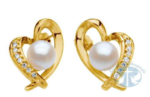 14K Yellow Cultured White Akoya Pearl & 1/6 CTW Natual Diamond Heart Earrings