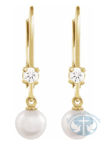 Yellow Cultured White Akoya Pearl &  Natural Diamond Earrings