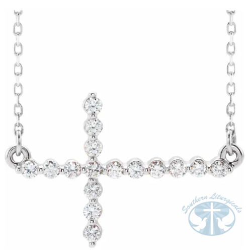 Natural Diamond Sideways Cross 16-18" Necklace 14K White Gold