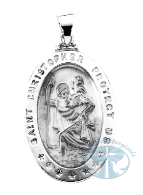 Hollow Oval St. Christopher Medal 14k White Gold