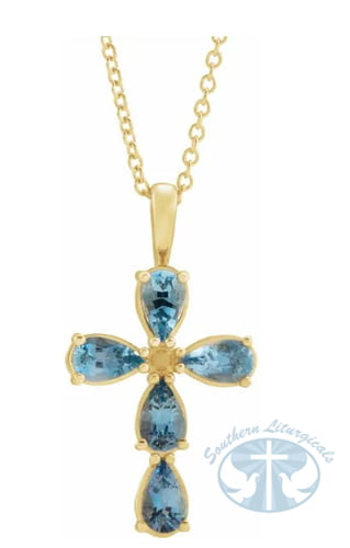 14K Yellow Gold Natural Aquamarine Cross 16-18 Inch Necklace