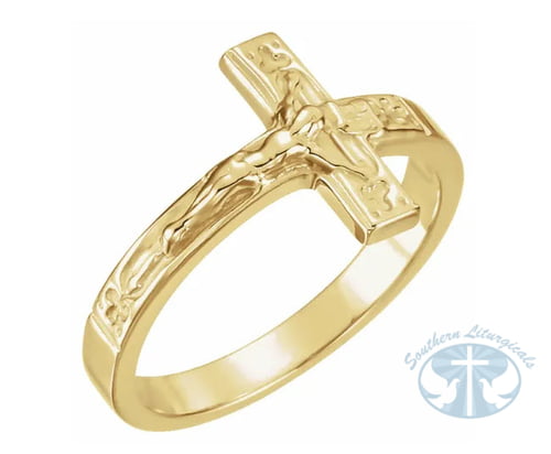 Crucifix Solid 12mm Ring - 14K Yellow Gold