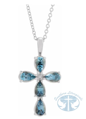 14K White Gold Natural Aquamarine Cross 16-18" Necklace