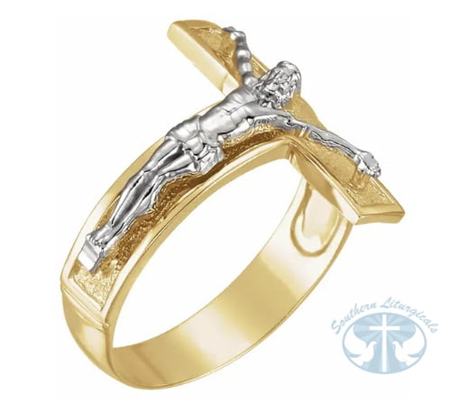 Men's Large Crucifix 14K White and Yellow Gold Ring