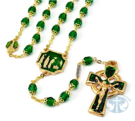 Rosary Knock Apparition Celtic Emerald and Gold Rosary