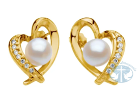 Earrings 14K Yellow Cultured White Akoya Pearl & 1/6 CTW Natual Diamond Heart Earrings