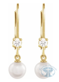 Earrings Yellow Cultured White Akoya Pearl &  Natural Diamond Earrings