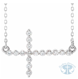 Natural Diamond Sideways Cross 16-18" Necklace 14K White Gold