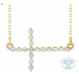 Natural Diamond Sideways Cross 16-18" Necklace 14K Yellow Gold