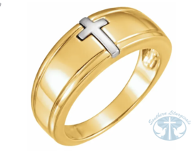 14K Yellow Gold/White 7.6 mm Cross Band Ring