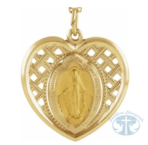 Heart Miraculous Medal 14K Yellow Gold