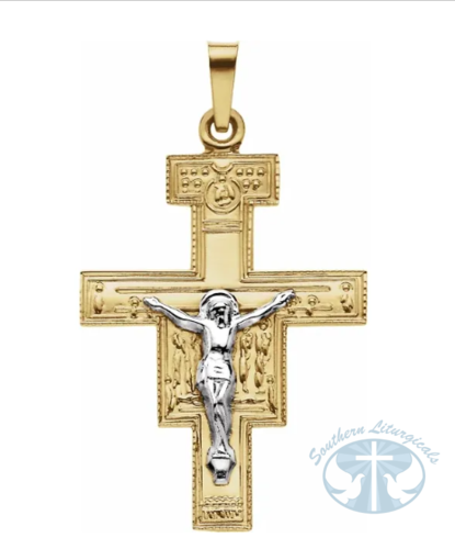 San Damiano Crucifix Pendant 14K Yellow/White Gold 26 x 20 mm