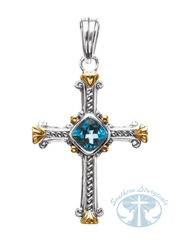 Natural Swiss Blue Topaz Cross Pendant 14K Yellow Gold