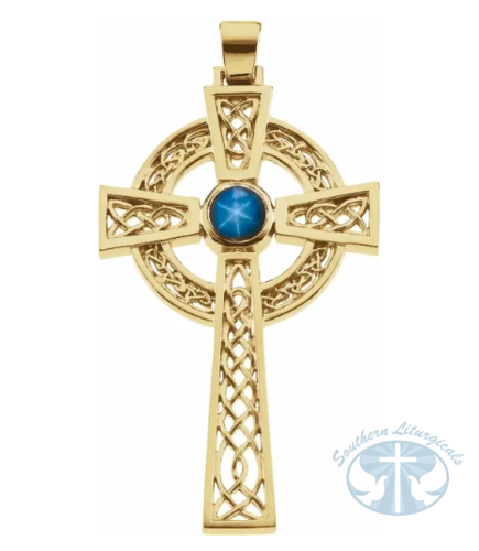 Natural Blue Star Sapphire Celtic-Inspired Cross Pendant 14K Yellow Gold