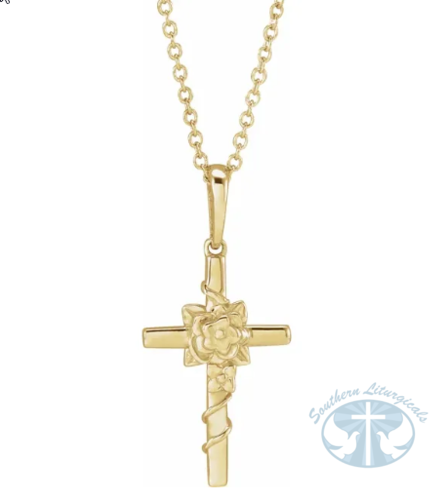 Floral Cross 14K Yellow Gold 16-18" Necklace