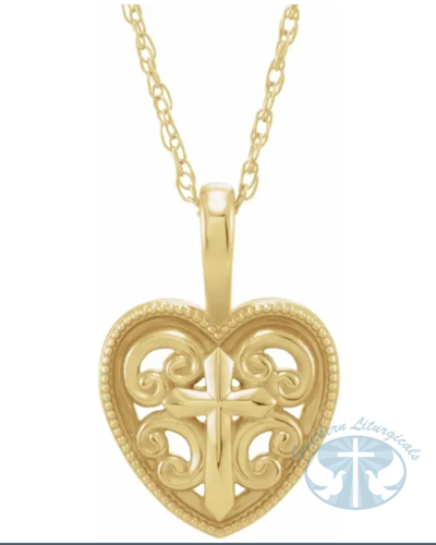 Cross and Heart 16" Necklace 14K Yellow Gold