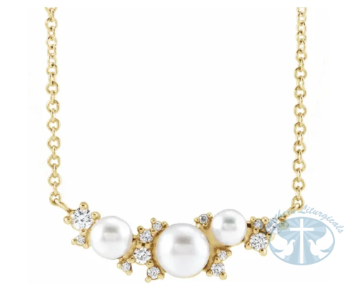 14K Yellow Cultured White Akoya Pearl & Natural Diamond 16" Necklace