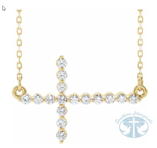 Natural Diamond Sideways Cross 16-18" Necklace 14K Yellow Gold