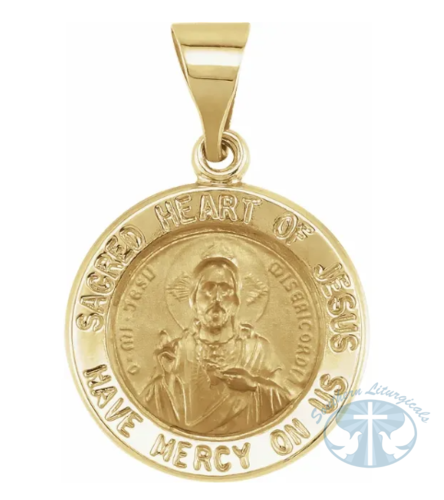 Round Hollow Sacred Heart of Jesus Medal 14K Yellow Gold